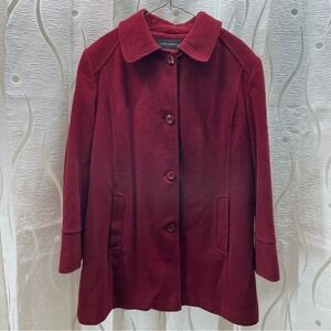 FEN NELLI Womens Burgundy Wool Blend Coat Size 13 14 Button Front Collar Pockets